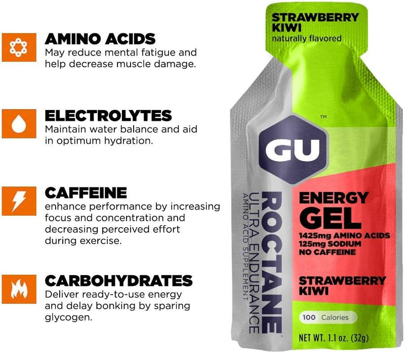 GU Energy Roctane Ultra Endurance Energy Gel, Quick On-The-Go Sports Nutrition for Running and Cycling, Strawberry Kiwi (24 Packets)